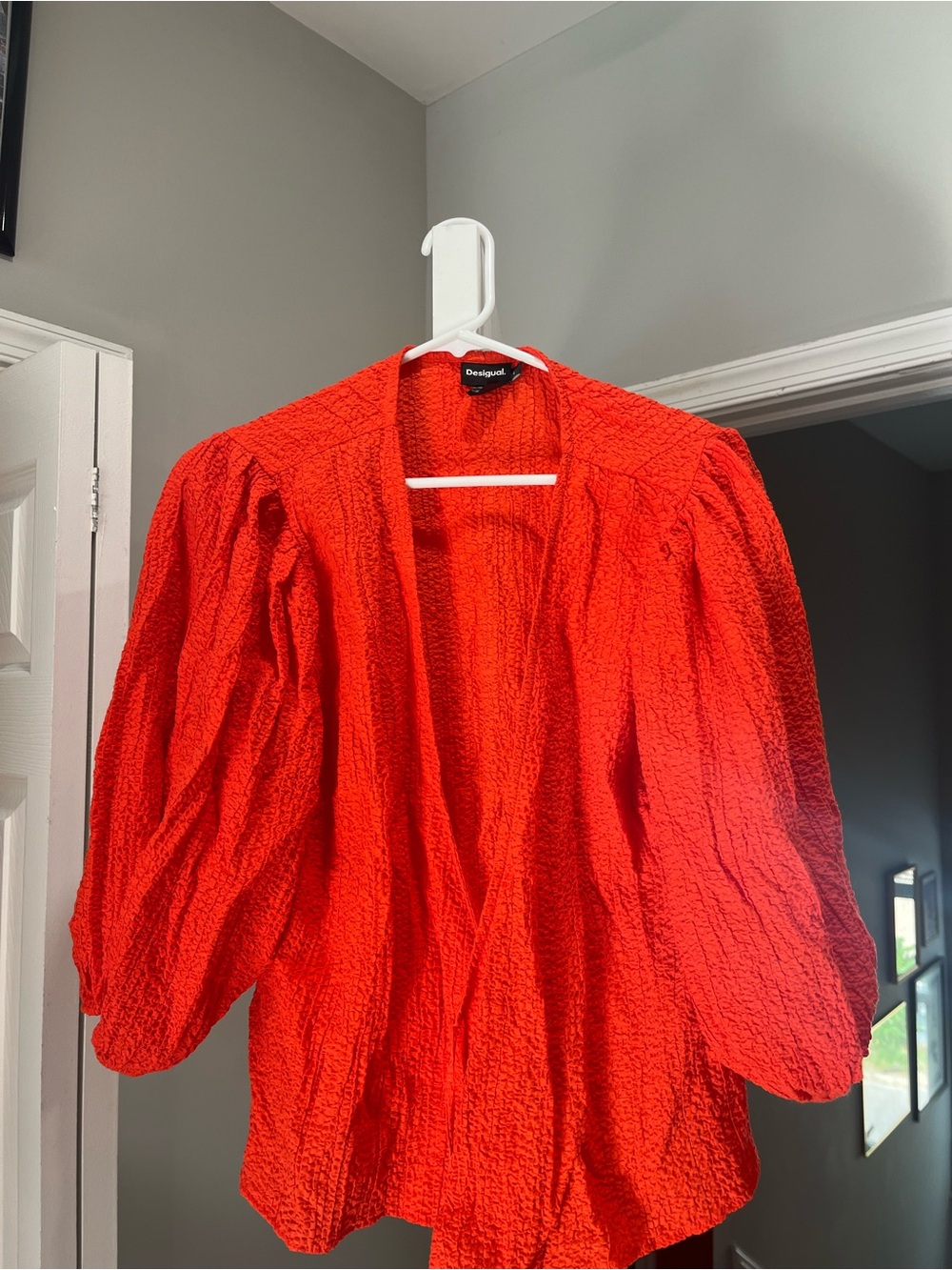 Desigual Vibrant Red-orange Textured Wrap Shirt with Puff Sleeves